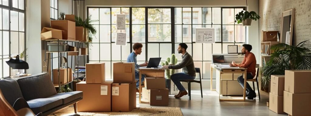 a modern, sleek office environment showcases a couple discussing their recent move, surrounded by unpacked boxes, a laptop displaying feedback forms, and a stylish desk with moving company materials prominently displayed.