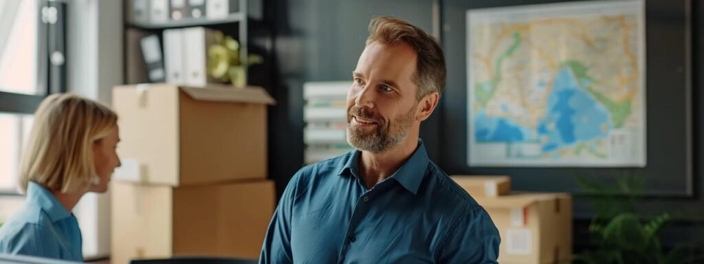 a modern, sleek office setting where a confident moving company representative presents a detailed plan to a satisfied client, with moving boxes and a digital map of atlantic highlands prominently displayed in the background, conveying professionalism and trust.
