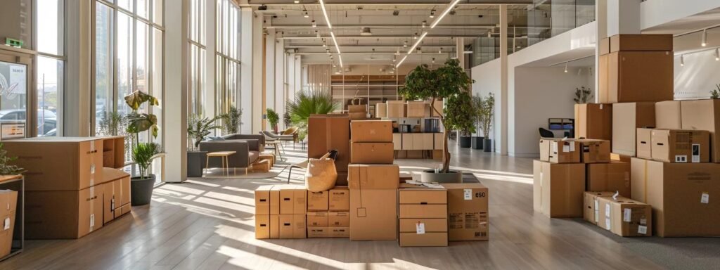 a modern, sleek office space showcases high-tech packing materials and tracking devices, emphasizing the meticulous care and advanced methods used to secure valuables during long haul relocations.