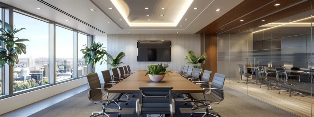 a modern, well-organized office setup featuring a confident moving company representative engaging with clients over a sleek conference table, embodying professionalism and trust.