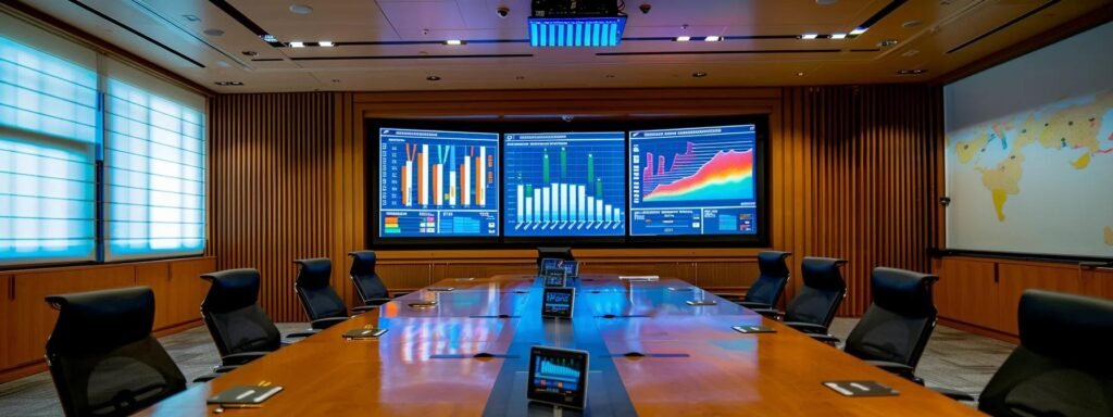 a polished corporate office with a sleek conference table displaying colorful charts and financial documents, highlighting the clarity and organization involved in understanding moving company costs.