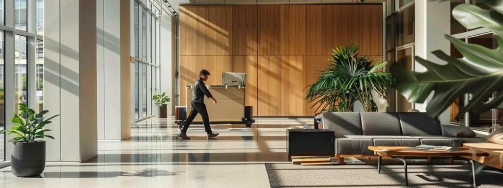a professional interior mover skillfully maneuvers a large, stylish piece of furniture through a sleek, modern office space, highlighting the efficiency and expertise involved in commercial relocations.