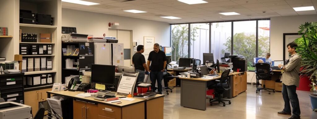 a professional moving company team is engaged in a thoughtful consultation with clients in their modern office, surrounded by equipment and resources that reflect efficiency and community commitment.