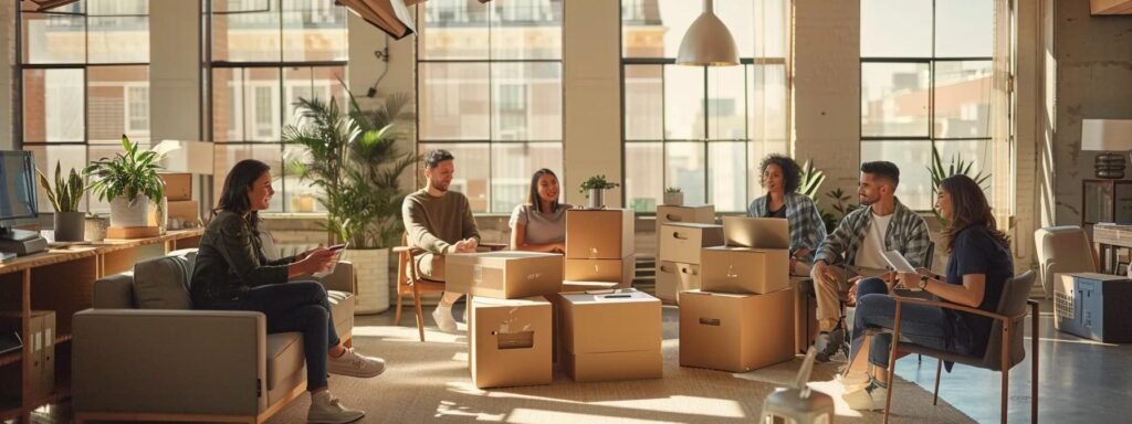 a professional office setting features a diverse group of individuals engaged in a focused discussion, surrounded by moving boxes and packing materials, symbolizing a strategic selection process for choosing the best moving company in bradley beach, nj.