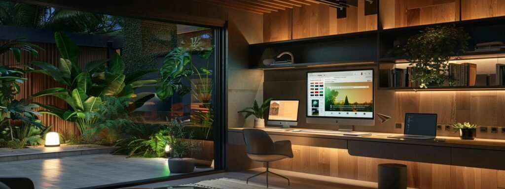 a sleek, modern home office with a computer screen displaying the nextdoor app, showcasing an updated profile and moving checklist, illuminated by clean, artificial lighting to emphasize the organized, tech-savvy approach to relocating.