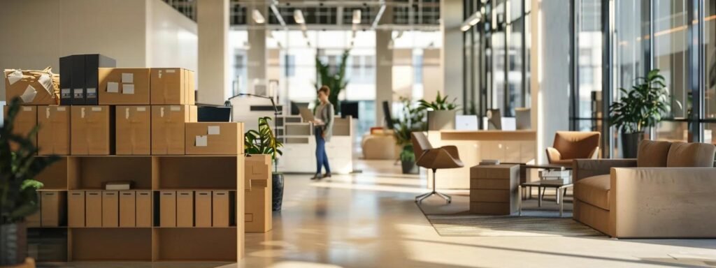 a sleek, modern office environment showcases a team efficiently coordinating a move, with professional movers expertly handling boxes and equipment, emphasizing the streamlined process and stress-free experience of using professional moving services.