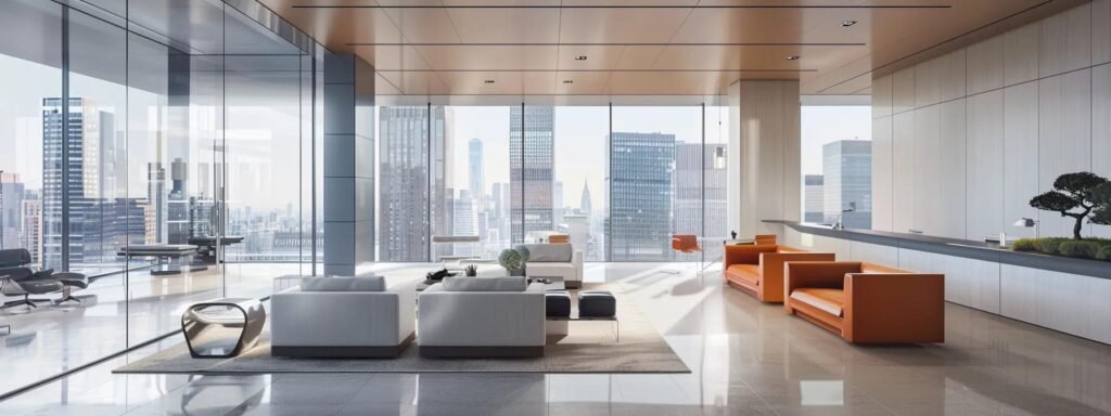 a sleek, modern office setting showcases a professional relocation consultant discussing logistics with clients, highlighting door-to-door relocation services through a large windowed conference room filled with cityscape views.