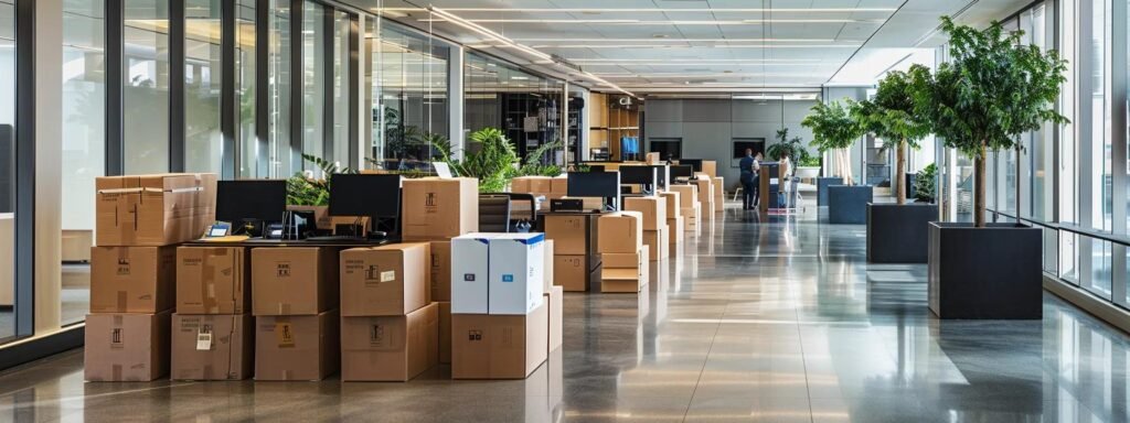 a sleek, modern office space filled with bustling professionals coordinating a seamless move, showcasing boxes neatly stacked against a bright, minimalist backdrop, emphasizing the efficiency and comprehensive nature of nextdoor movers' services.