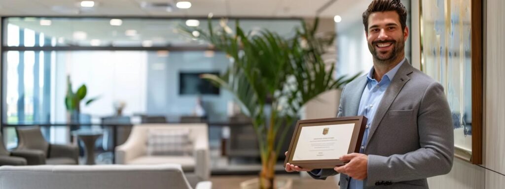 a sleek, modern office space in fair haven nj features a prominently displayed award plaque for the best moving company, with a confident business professional reviewing detailed moving plans on a digital tablet.
