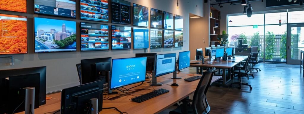 a sleek, modern office workspace is filled with an array of glowing computer screens displaying diverse customer reviews and ratings for next door movers, emphasizing the variety of feedback across platforms in a vibrant, engaging layout.