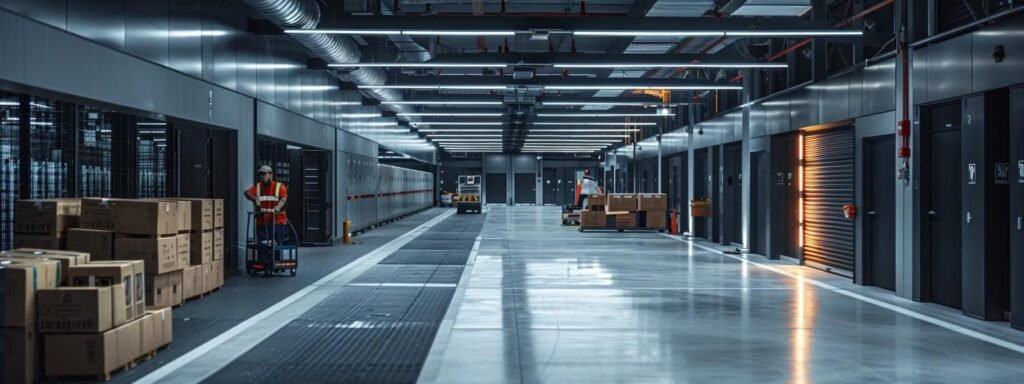 a sleek, modern storage facility features high-tech security measures like illuminated surveillance cameras and access control systems, while a group of focused movers efficiently packs boxes inside, reflecting the confidence in the protection of their belongings.