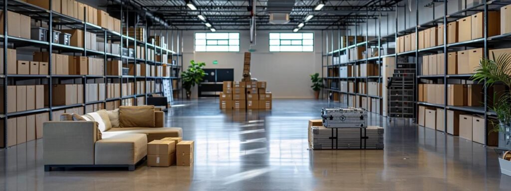 a sleek, modern storage facility interior showcases meticulously organized storage units, each filled with boxes and furniture, emphasizing the efficiency and security of comprehensive storage solutions during the moving process.
