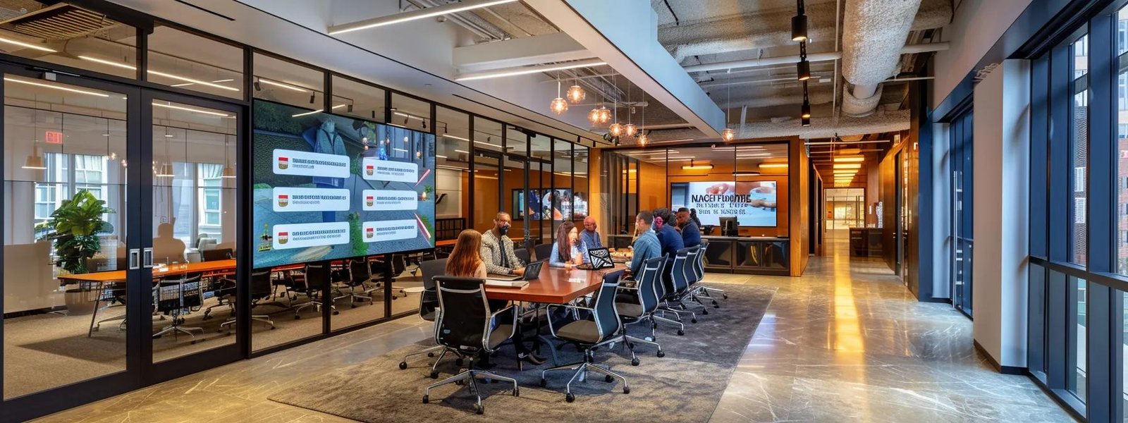 a sleek urban office space features a large screen displaying glowing reviews and ratings for next door movers, with a diverse group of professionals engaged in discussion around a modern conference table.