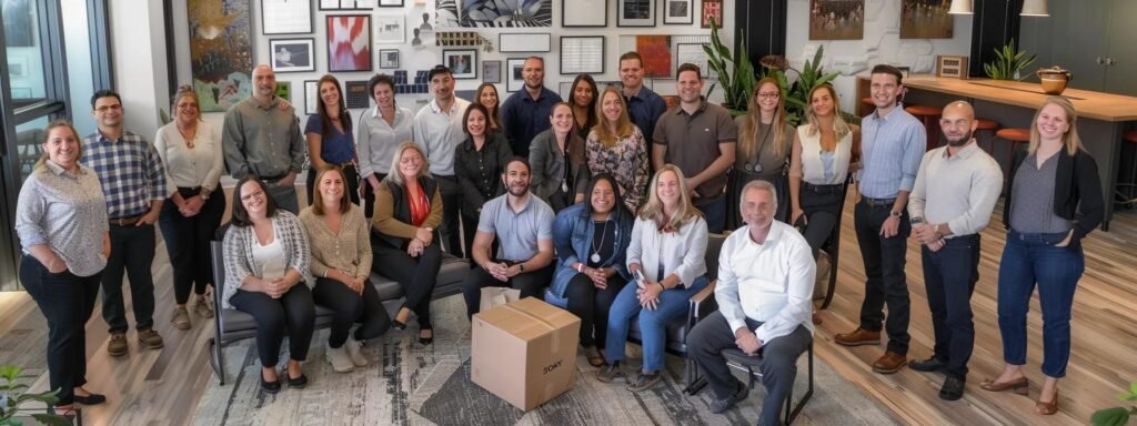 a vibrant urban office setting showcases a diverse group of smiling clients enthusiastically sharing their positive experiences with nextdoor movers, surrounded by modern decor and moving boxes, highlighting the company's commitment to excellence and customer satisfaction.