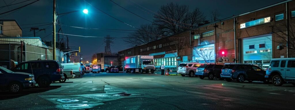 a vibrant urban scene showcases a well-organized moving company in englishtown, nj, with a dynamic fleet of trucks parked outside a bustling warehouse, surrounded by busy professionals coordinating logistics under bright fluorescent lighting.