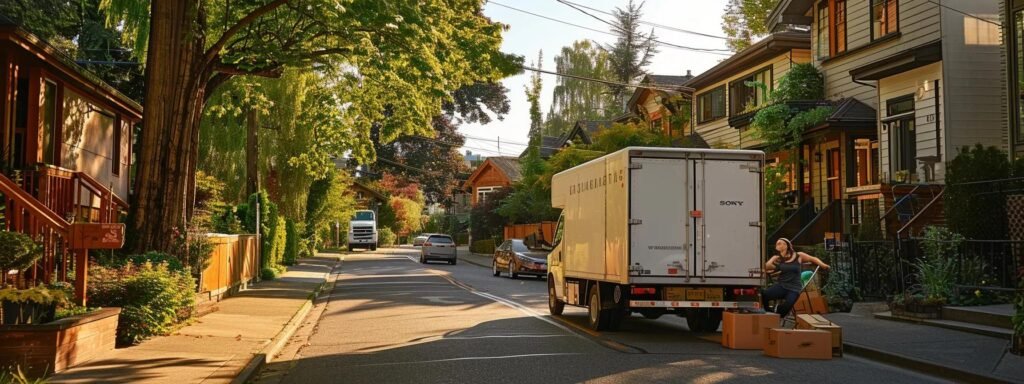 a visually compelling urban scene featuring a serene yet bustling neighborhood street, showcasing a moving truck parked outside a welcoming home with open boxes and a couple engaged in thoughtful discussion, symbolizing the emotional and logistical intricacies of relocating next door.
