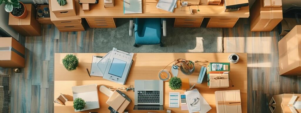 a well-organized, modern office space features a large desk cluttered with detailed relocation checklists, packing materials, and a laptop displaying digital moving resources, creating a dynamic atmosphere of meticulous planning for a move to or from manalapan, nj.