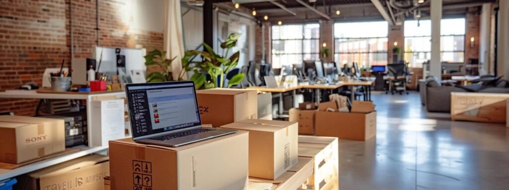 an open office space featuring a sleek laptop displaying glowing customer reviews on the screen, surrounded by neatly organized moving boxes and packing materials, emphasizing the decision-making process for hiring movers.