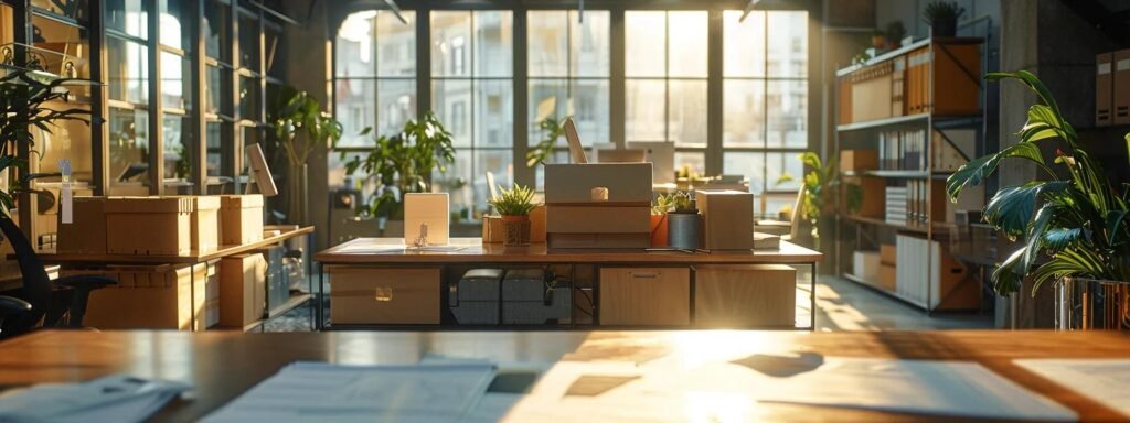 an organized moving day scene featuring a modern, bustling office space with neatly packed boxes and logistical plans displayed prominently on a sleek conference table, emphasizing the importance of preparation and efficiency in the moving process.