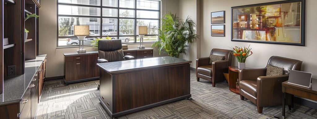 an organized office space is transformed with interior movers efficiently rearranging modern furniture into a streamlined layout, showcasing the blend of functionality and aesthetic appeal.
