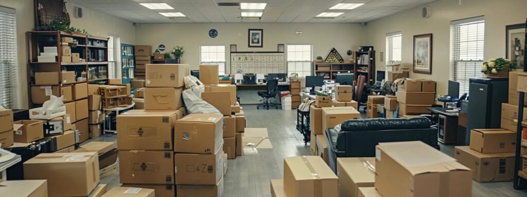 a bustling moving company office in manalapan, nj showcases a diverse team efficiently coordinating logistics, with packed boxes clearly labeled, a large calendar on the wall marking scheduled moves, and an atmosphere of professionalism and organization reflecting customer satisfaction.