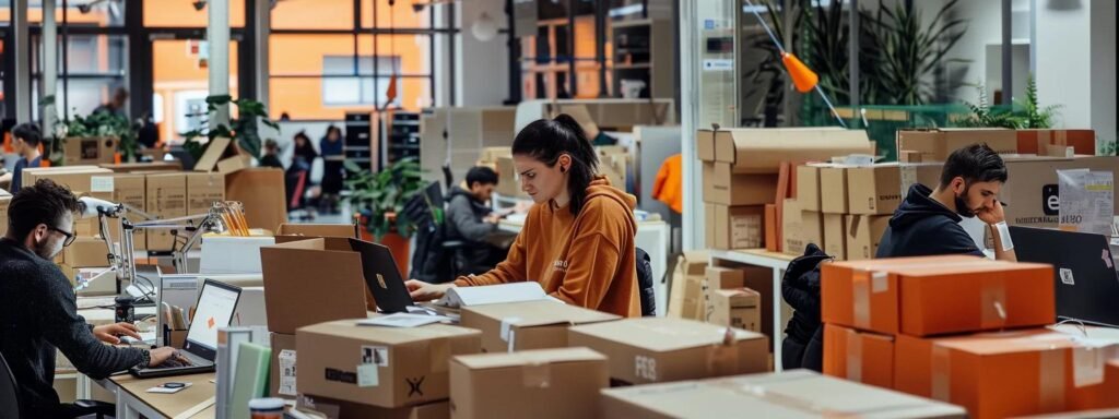 a bustling office space showcases a diverse team analyzing digital tools on laptops while comparing moving companies, surrounded by packed boxes ready for relocation.