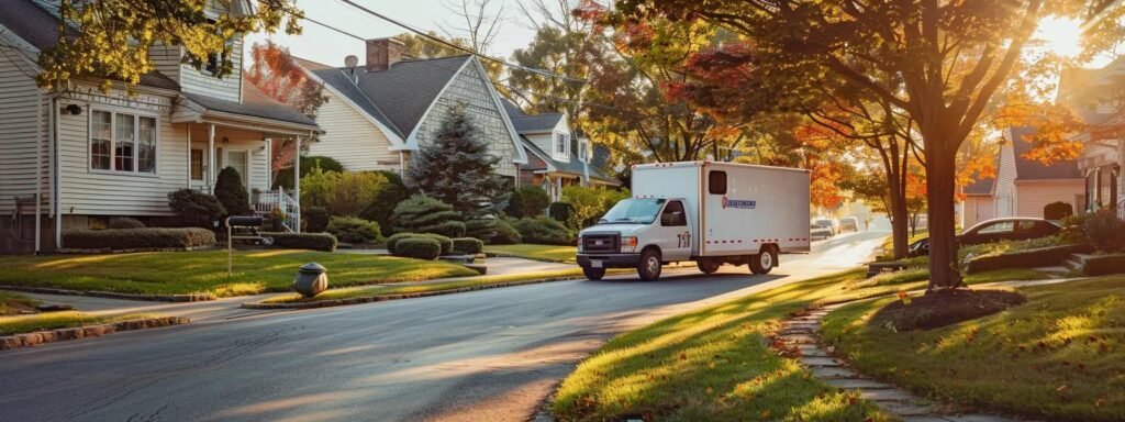 a bustling urban landscape featuring next door movers' bright moving truck parked strategically in front of a suburban home, showcasing an efficient and organized moving process amidst a lively manalapan neighborhood.
