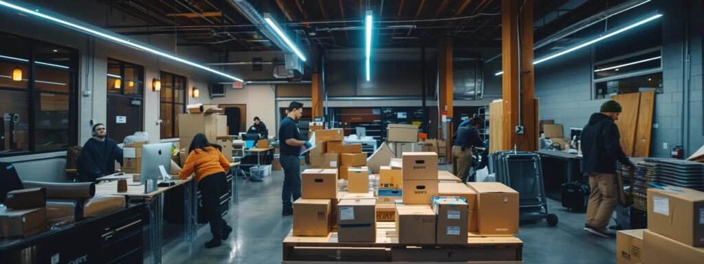 a bustling urban moving company office in tinton falls, featuring a diverse team of professional movers efficiently packing and organizing boxes in a sleek, modern workspace, illuminated by bright overhead lights that highlight their diligent preparations for a successful relocation.