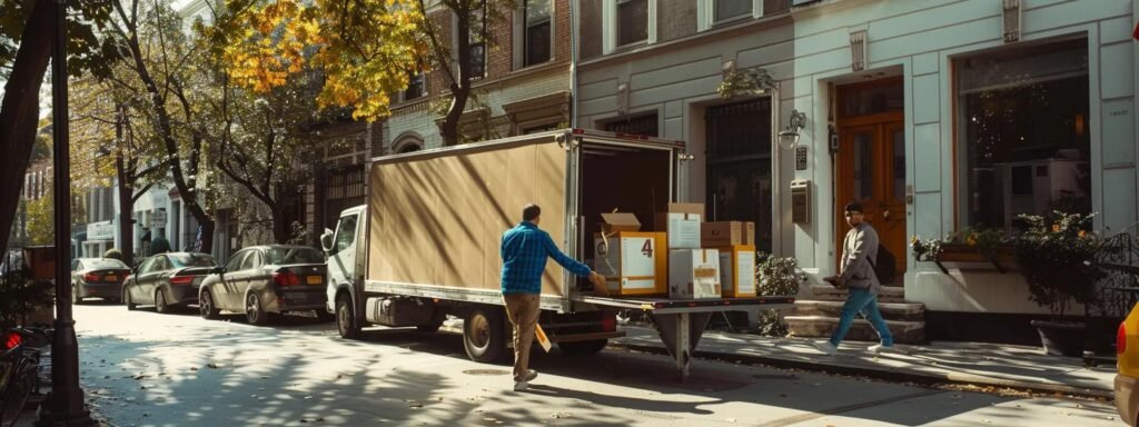 a bustling urban moving company in allenhurst, nj, showcases professional movers efficiently loading neatly packed boxes into a modern truck, highlighting the seamless organization and teamwork involved in a hassle-free relocation.