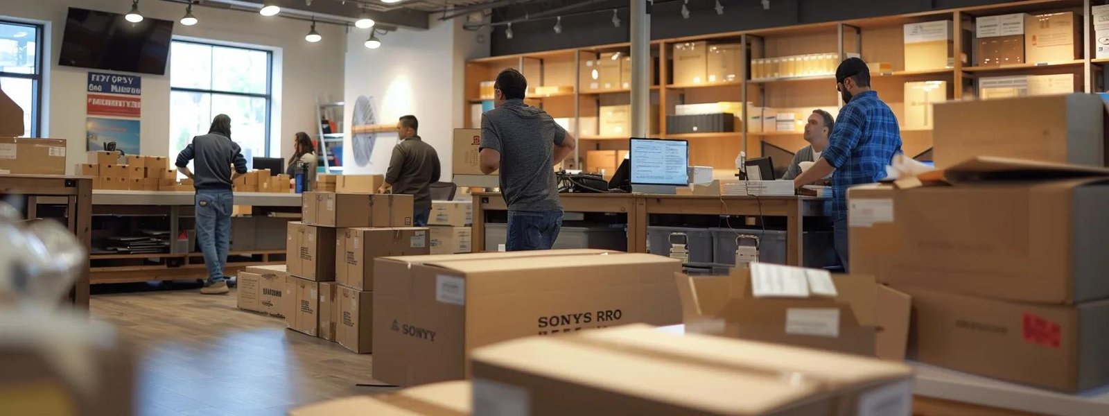 a bustling urban moving company office in manalapan, nj, showcasing a team of professional movers collaborating over a detailed relocation plan, surrounded by neatly stacked boxes and modern moving equipment, emphasizing their reliability and expertise in local moving services.