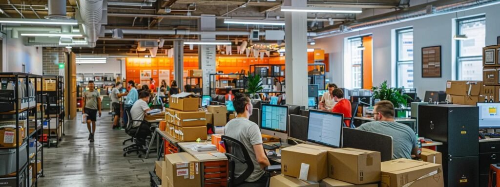 a bustling urban moving company's office, filled with focused employees discussing logistics over stacked moving boxes, highlighted by bright overhead lighting and vibrant color-coded charts illustrating their diverse services.