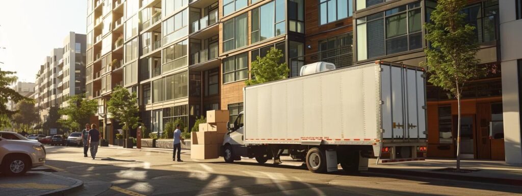 a bustling urban moving scene captures professional movers efficiently loading cardboard boxes onto a sleek moving truck outside a stylish modern apartment, reflecting a sense of organization and teamwork on a bright, clear day.