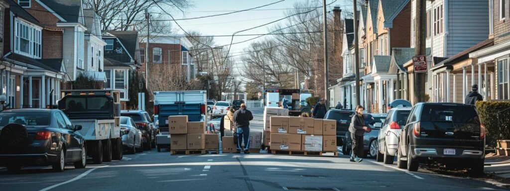 a bustling urban moving scene in manalapan, nj, captures professional movers efficiently navigating narrow streets with packed boxes and a backdrop of residential buildings, emphasizing the practical considerations of local moving regulations.