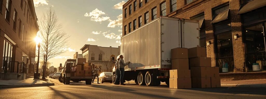 a bustling urban moving scene in colts neck, nj, features professional movers efficiently packing and loading well-organized boxes into a sleek, modern truck against a backdrop of brick office buildings.