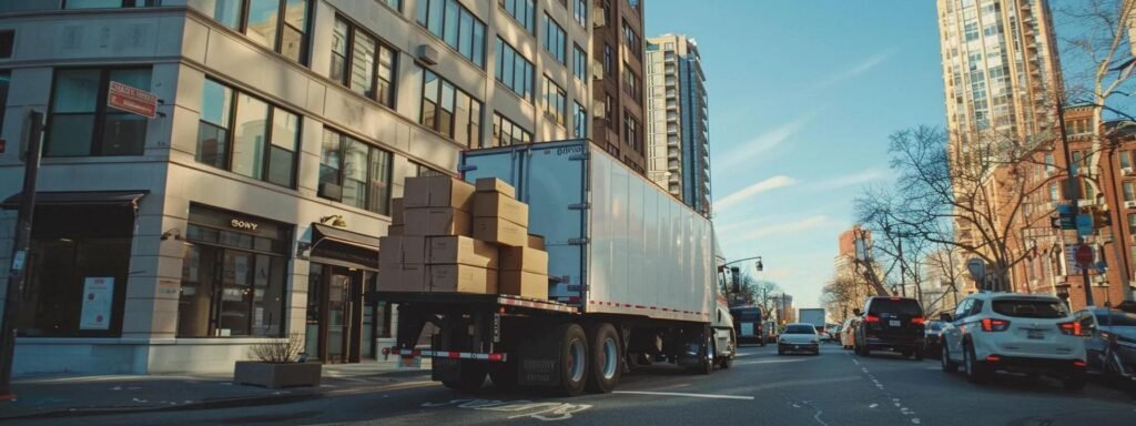 a bustling urban moving service in west long branch, nj, featuring a group of focused movers efficiently transporting neatly stacked boxes into a sleek, modern moving truck against a backdrop of contemporary buildings.