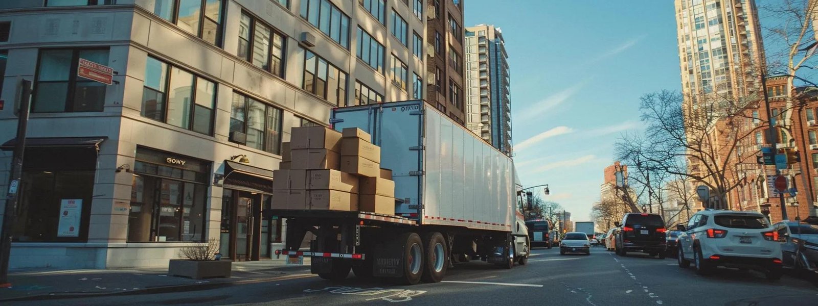 a bustling urban moving service in west long branch, nj, featuring a group of focused movers efficiently transporting neatly stacked boxes into a sleek, modern moving truck against a backdrop of contemporary buildings.