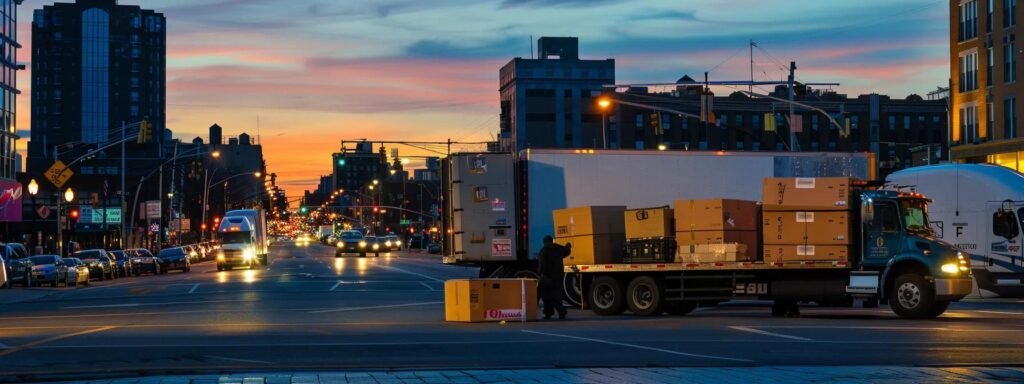 a bustling urban moving service in asbury park nj, showcasing professional movers efficiently packing and organizing diverse boxes into a sleek, modern truck against a vibrant city backdrop.