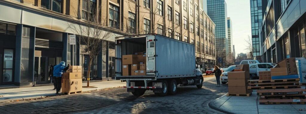 a bustling urban moving service scene, featuring professional movers efficiently loading an array of clearly labeled boxes into a sleek moving truck against a backdrop of modern office buildings in west long branch, nj, illustrating the importance of transparent cost estimates in the moving process.