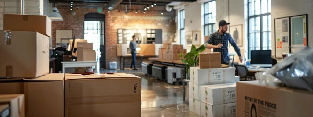 a bustling urban office environment showcases professional movers efficiently packing and stacking sturdy boxes, highlighting the comprehensive moving services offered by next door movers in manalapan.
