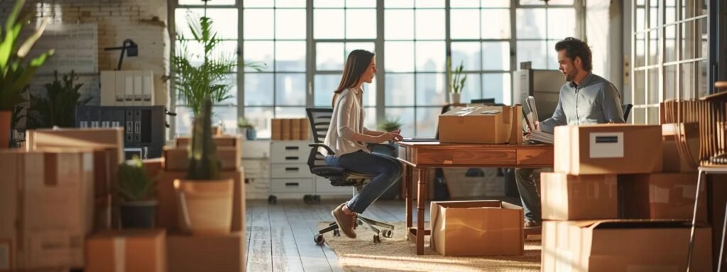 a bustling urban office environment showcases a professional interaction between a friendly moving service representative and a client discussing booking details, surrounded by neatly packed boxes ready for relocation.