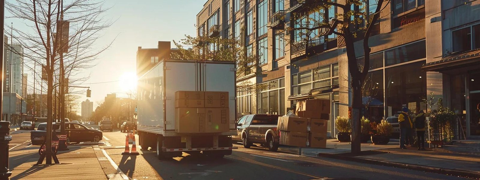a bustling urban scene in asbury park, nj, showcases a professional moving company efficiently transporting vibrant, stacked boxes from a modern apartment building into a sleek, branded moving truck under afternoon sunlight.