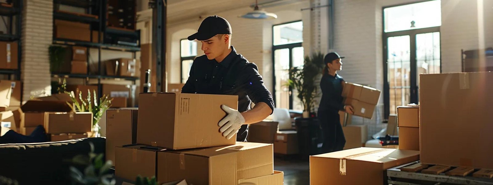 a dynamic indoor scene showcases professional movers in crisp uniforms efficiently organizing and stacking boxes in a modern office space, emphasizing the theme of reliable and affordable moving services in tinton falls, nj.