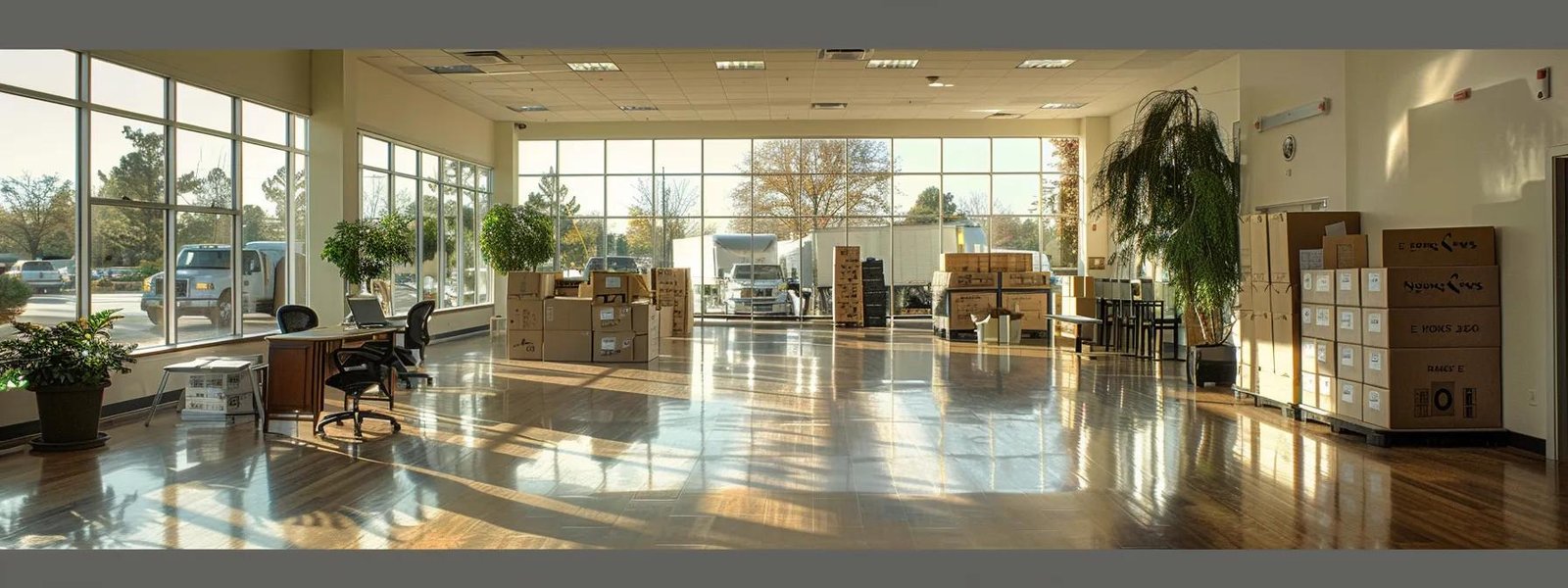 a dynamic, professional setting showcasing a bustling moving company office in manalapan, new jersey, with dedicated movers coordinating logistics, packing materials, and moving trucks visible through large windows, highlighting efficiency and teamwork.