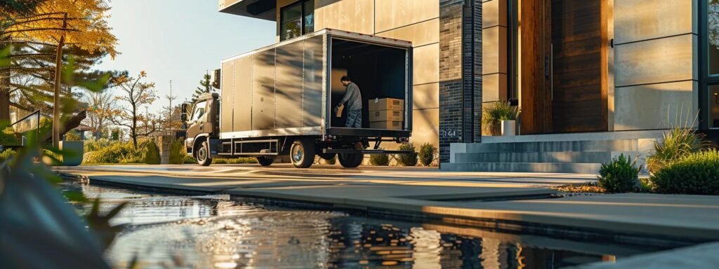 a dynamic urban moving scene showcases professional movers in action, efficiently loading a sleek, modern truck in front of a stylish wall township residence, highlighting their commitment to top-tier service.