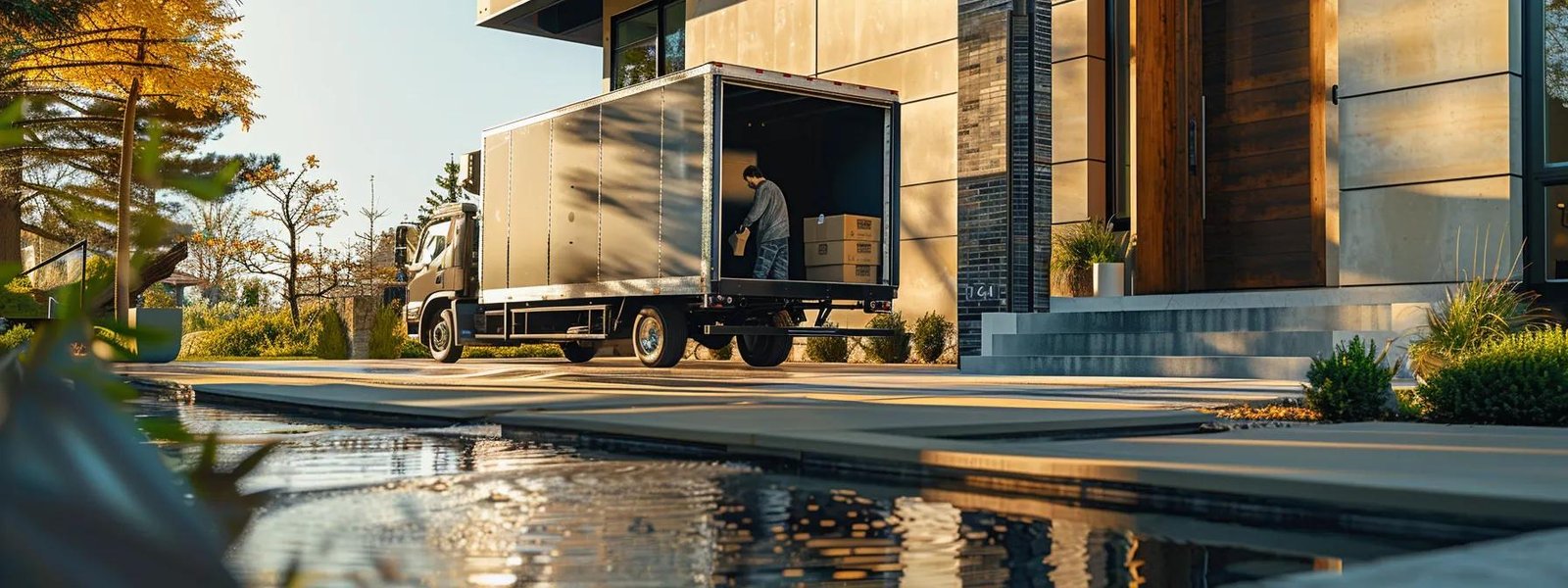 a dynamic urban moving scene showcases professional movers in action, efficiently loading a sleek, modern truck in front of a stylish wall township residence, highlighting their commitment to top-tier service.