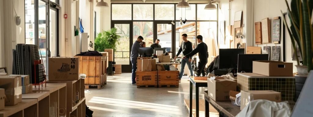 in a bustling urban moving office, a team of focused professionals strategically organizes and packages sensitive items, showcasing specialized crates and careful handling procedures for fragile artwork and large antiques under bright, clinical lighting.