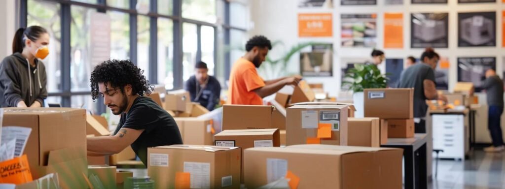 in a bustling urban moving company office, a diverse group of professional movers eagerly packs and organizes boxes, showcasing vibrant promotional posters highlighting exclusive discounts for roosevelt residents against a backdrop of neatly designed workstations.