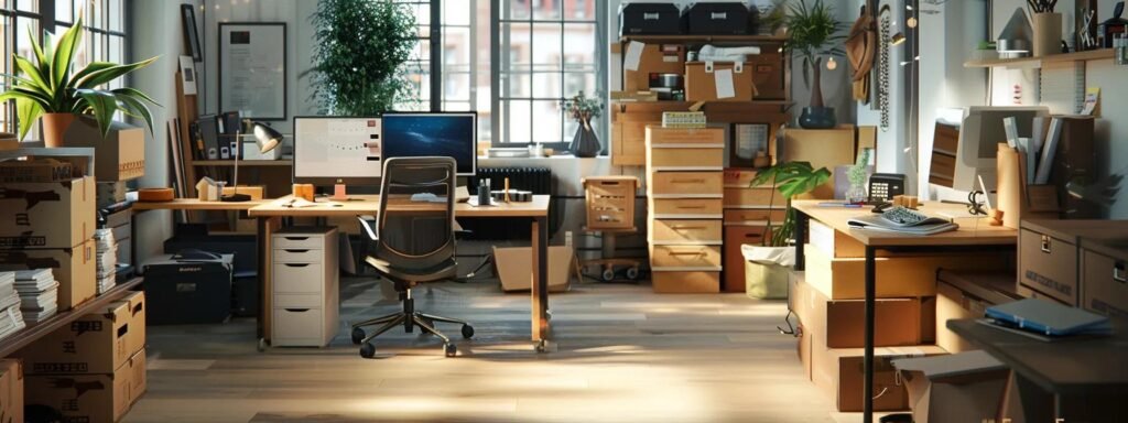 a meticulously organized modern office workspace, featuring freshly unpacked boxes and a welcoming atmosphere, reflects the essential support and services needed for a seamless post-move transition.