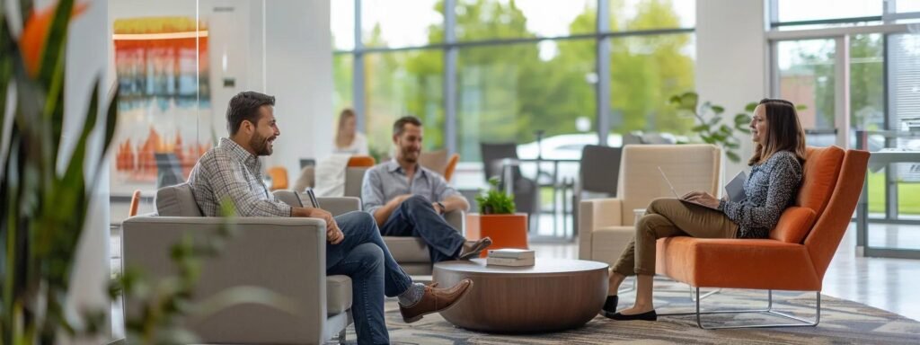a modern, bright office space filled with focused professionals engaging in a collaborative planning session, showcasing the reliability and transparency of next door movers as a trusted choice for moving in manalapan, nj.