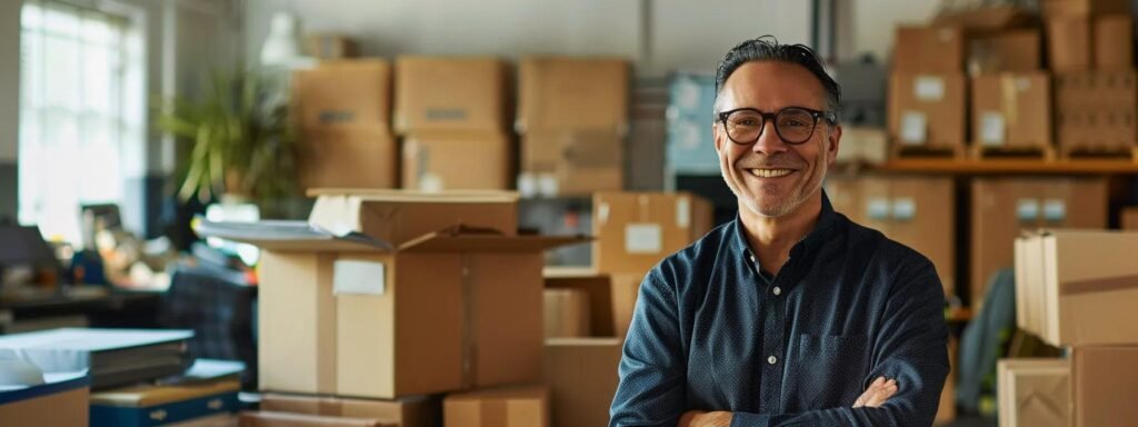 a modern, professionally organized office space showcases a smiling customer giving a positive testimonial about the reliable service of tinton falls nj movers, with neatly stacked boxes in the background.